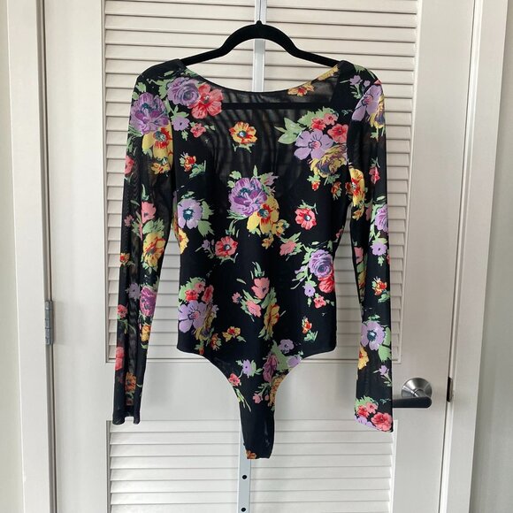 WAYF x Anthropologie Scoop Back Long Sleeve Bodysuit, Black Floral, Size M - Picture 1 of 7